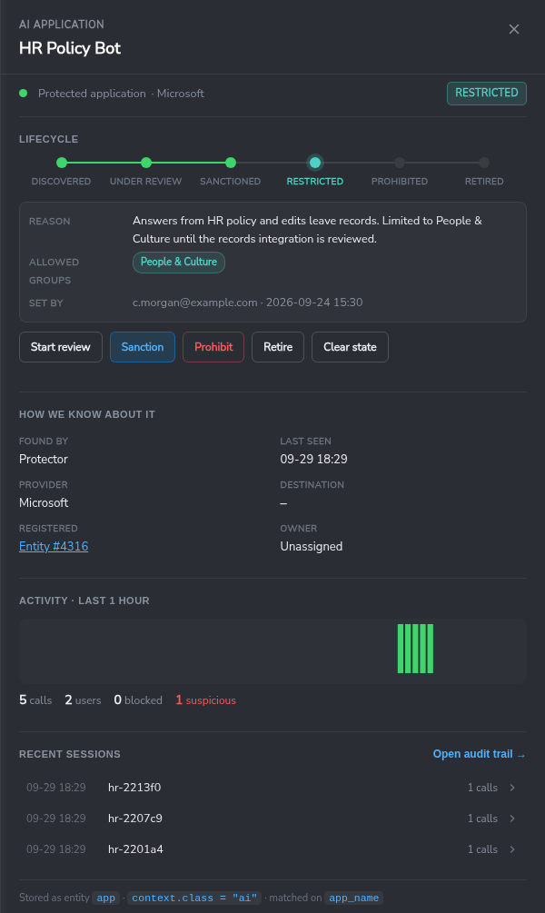 The application panel for HR Policy Bot at Restricted, with the reason, the allowed group People & Culture, who set it and when, and the buttons Start review, Sanction, Prohibit, Retire and Clear state