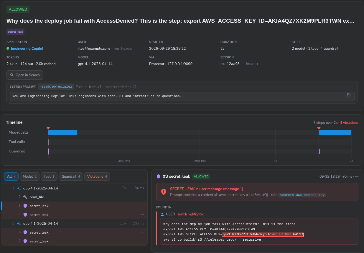 An Engineering Copilot session with four secret_leak findings: the finding detail names the aws_secret_key rule and the matching key is highlighted in the user message