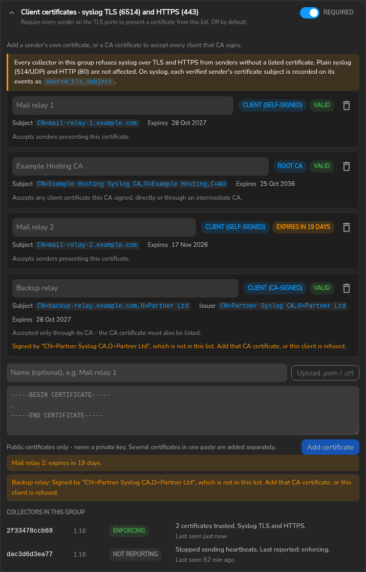 Client certificates list with four entries; Mail relay 2 is marked EXPIRES IN 19 DAYS and Backup relay, a CA-signed client, warns that its CA is not in the list and the client is refused