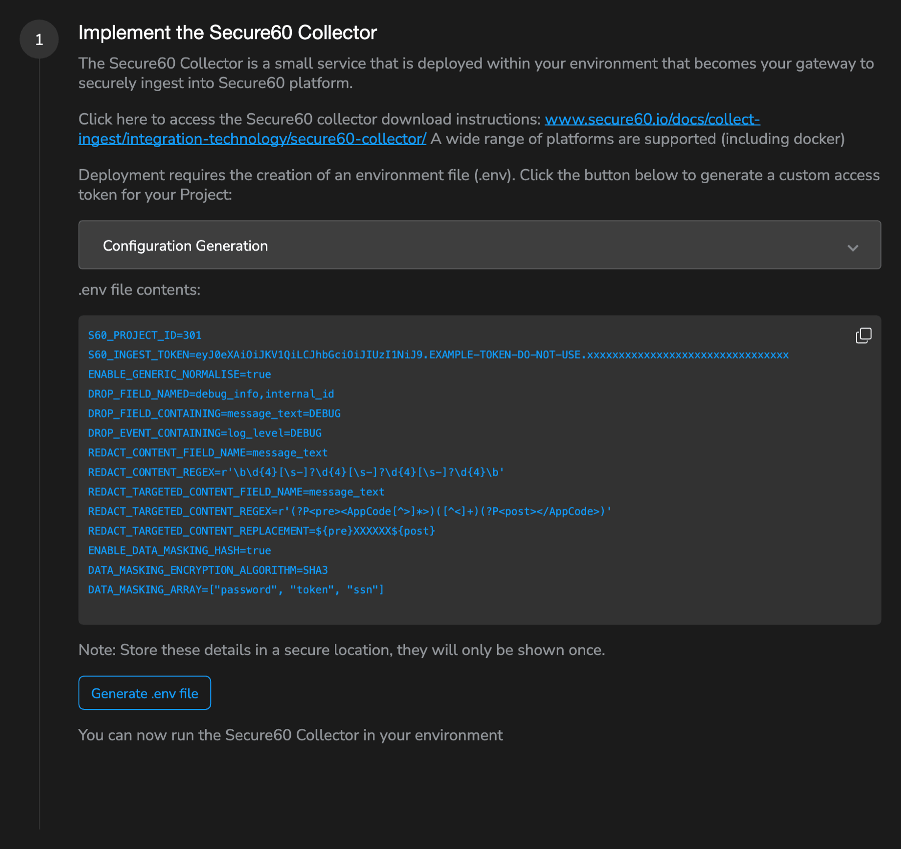 Generated .env file preview in the Secure60 portal showing the privacy settings written as environment variables