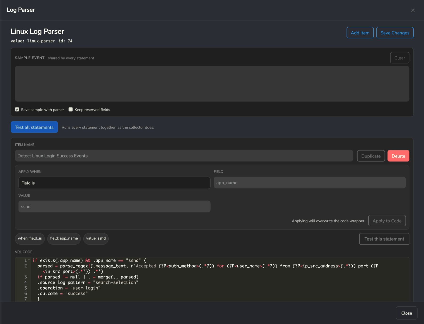 Log Parser editor in the Secure60 portal showing the apply-when condition and parsing logic for a statement