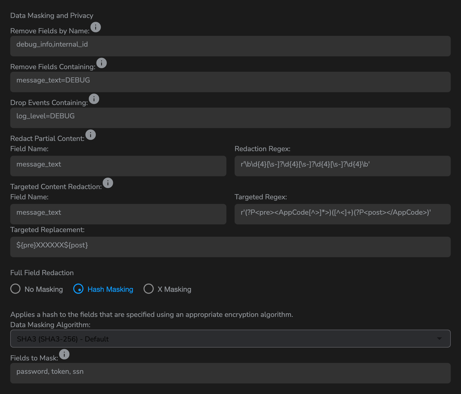 Data Masking and Privacy section of the Secure60 portal showing field removal, content redaction, targeted redaction and full field redaction settings