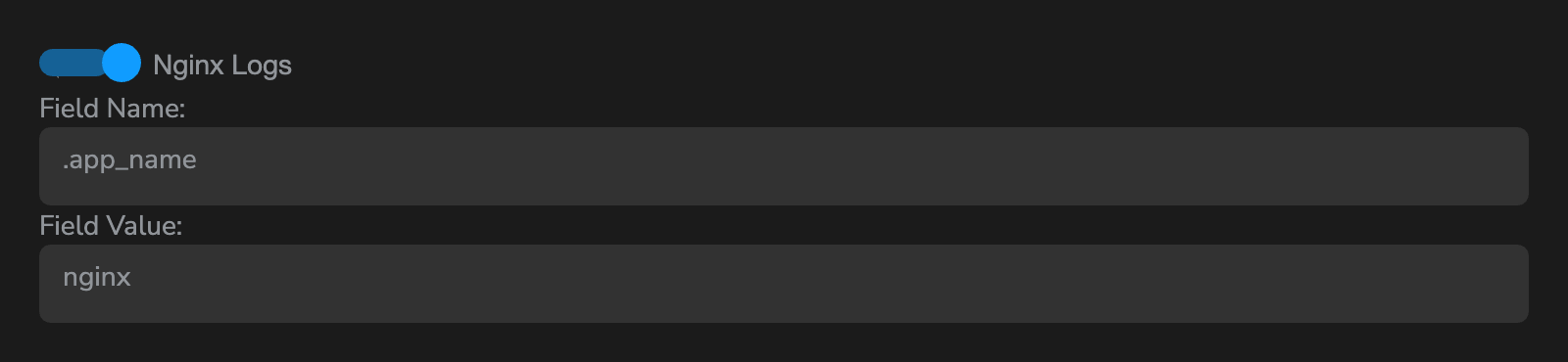 Nginx Logs toggle in the Secure60 portal with a match field of .app_name and match value of nginx