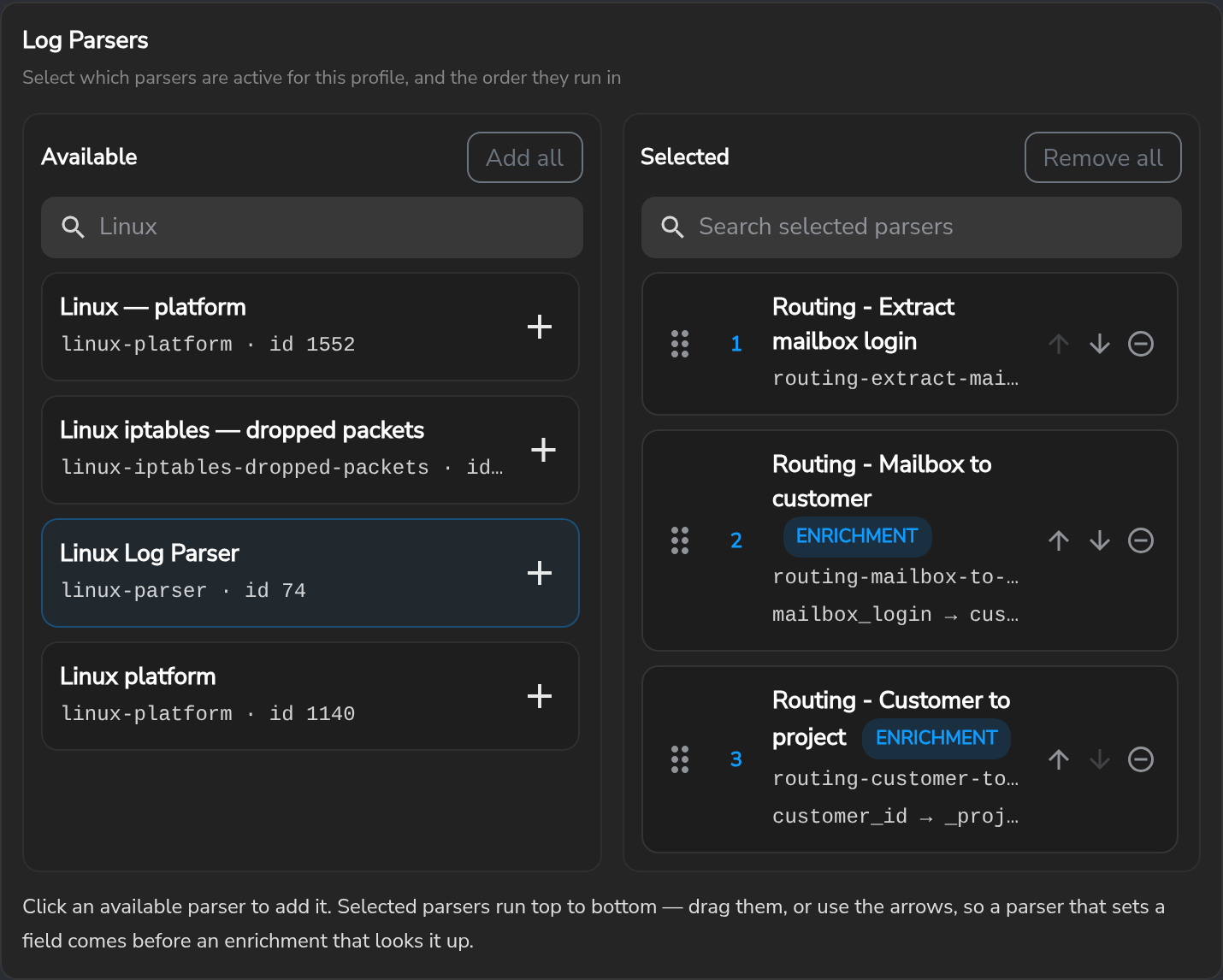 Collector Profile panel with three selected parsers numbered 1 to 3: the extract parser first, then the mailbox-to-customer and customer-to-project Enrichment Parsers, each with drag handles and up and down arrows