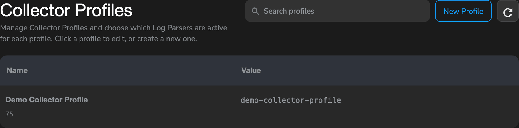 Collector Profiles page in the Secure60 portal listing profiles by name and value