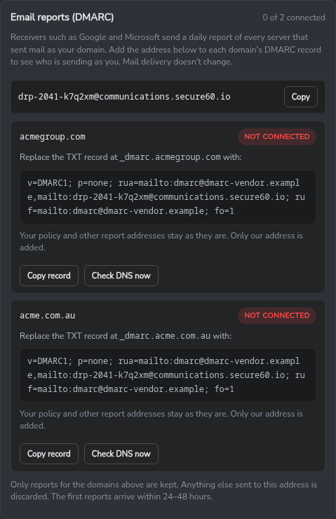 Email reports settings showing the project's report address and, for each domain, the DMARC record to publish with Copy record and Check DNS now