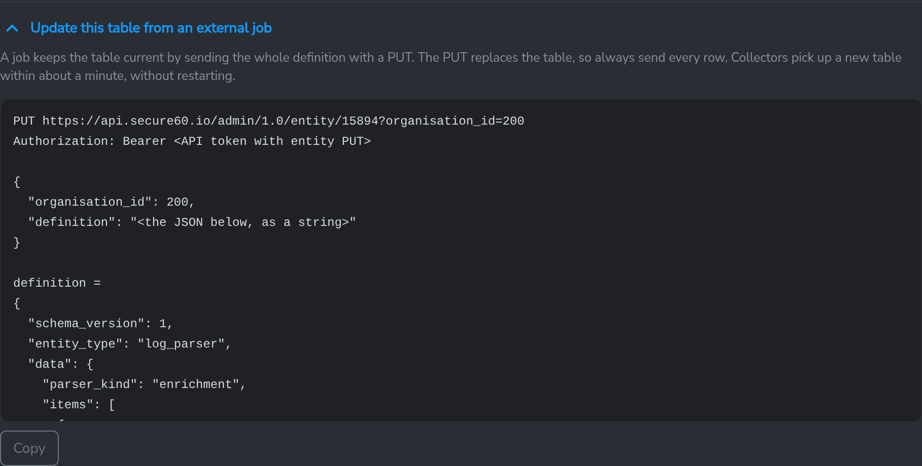 The Update this table from an external job section of an Enrichment Parser, showing the PUT request to the entity endpoint with the parser id and organisation id, and the start of the definition JSON