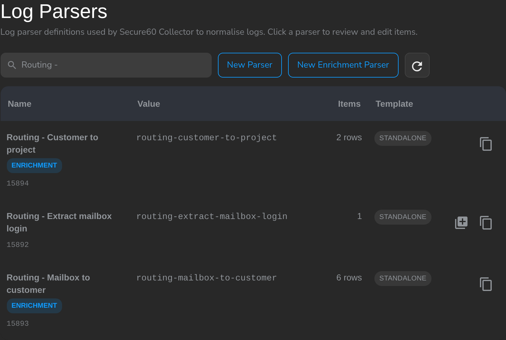 Log Parsers page listing two Enrichment Parsers, marked ENRICHMENT with their row counts, alongside a log parser