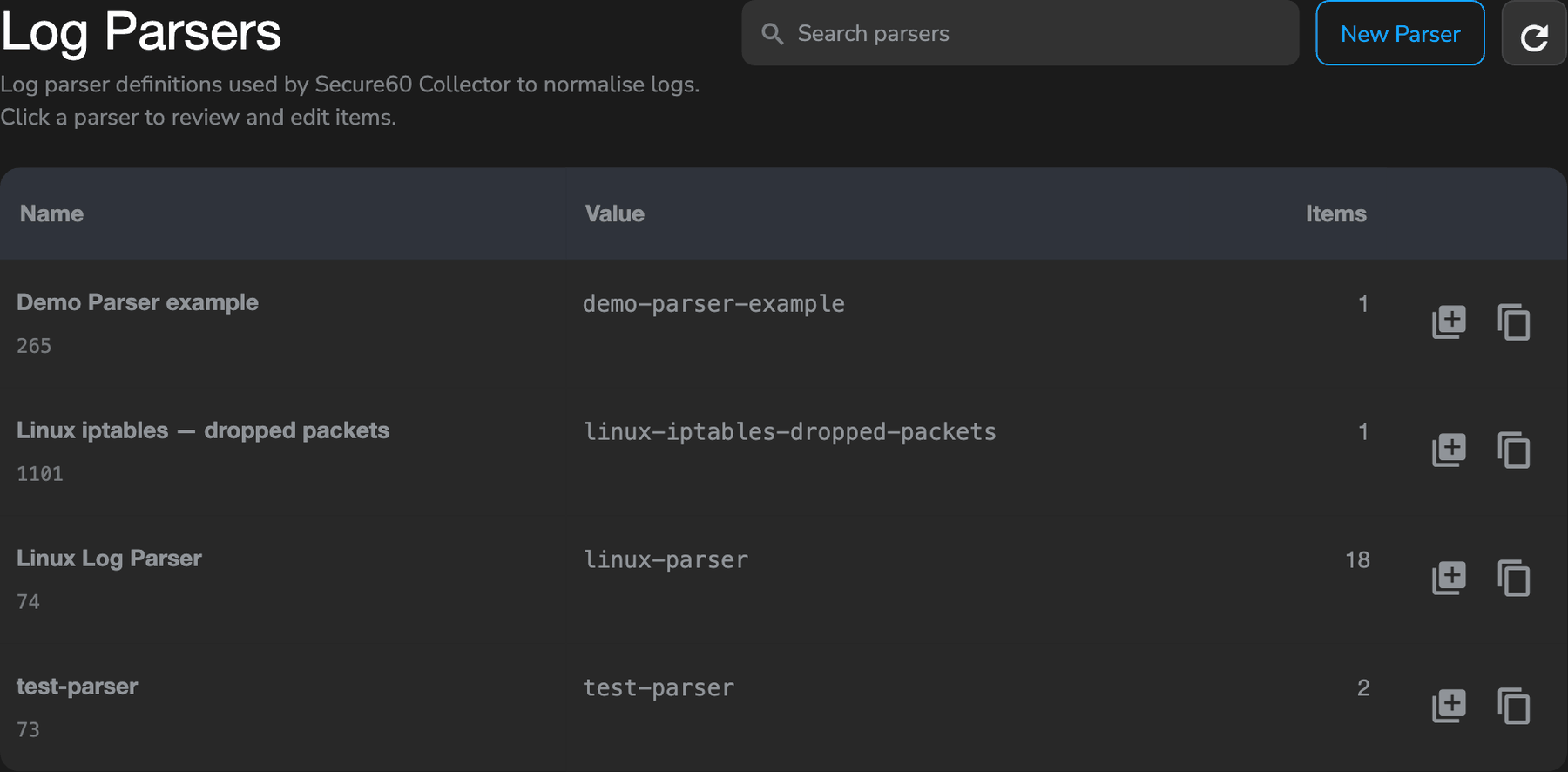 Log Parsers list in the Secure60 portal