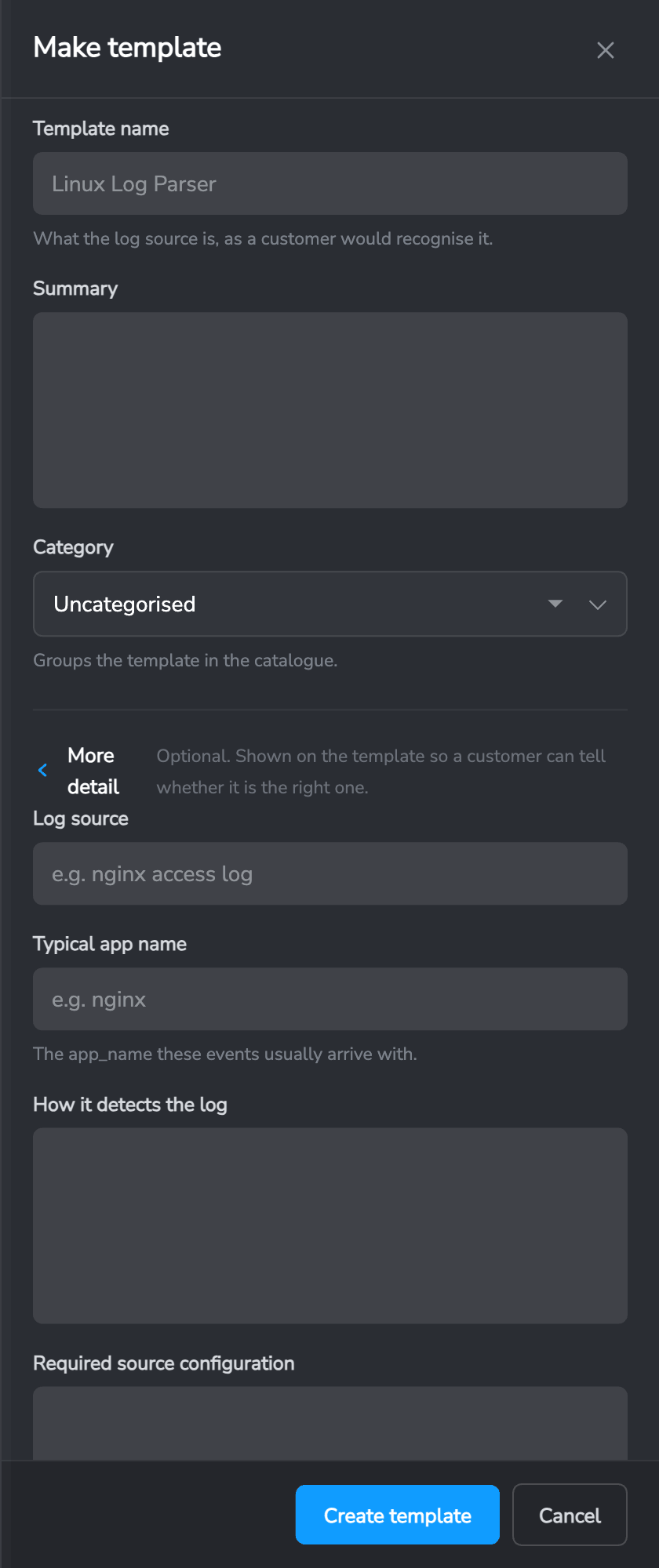 Make template panel showing name, summary and category