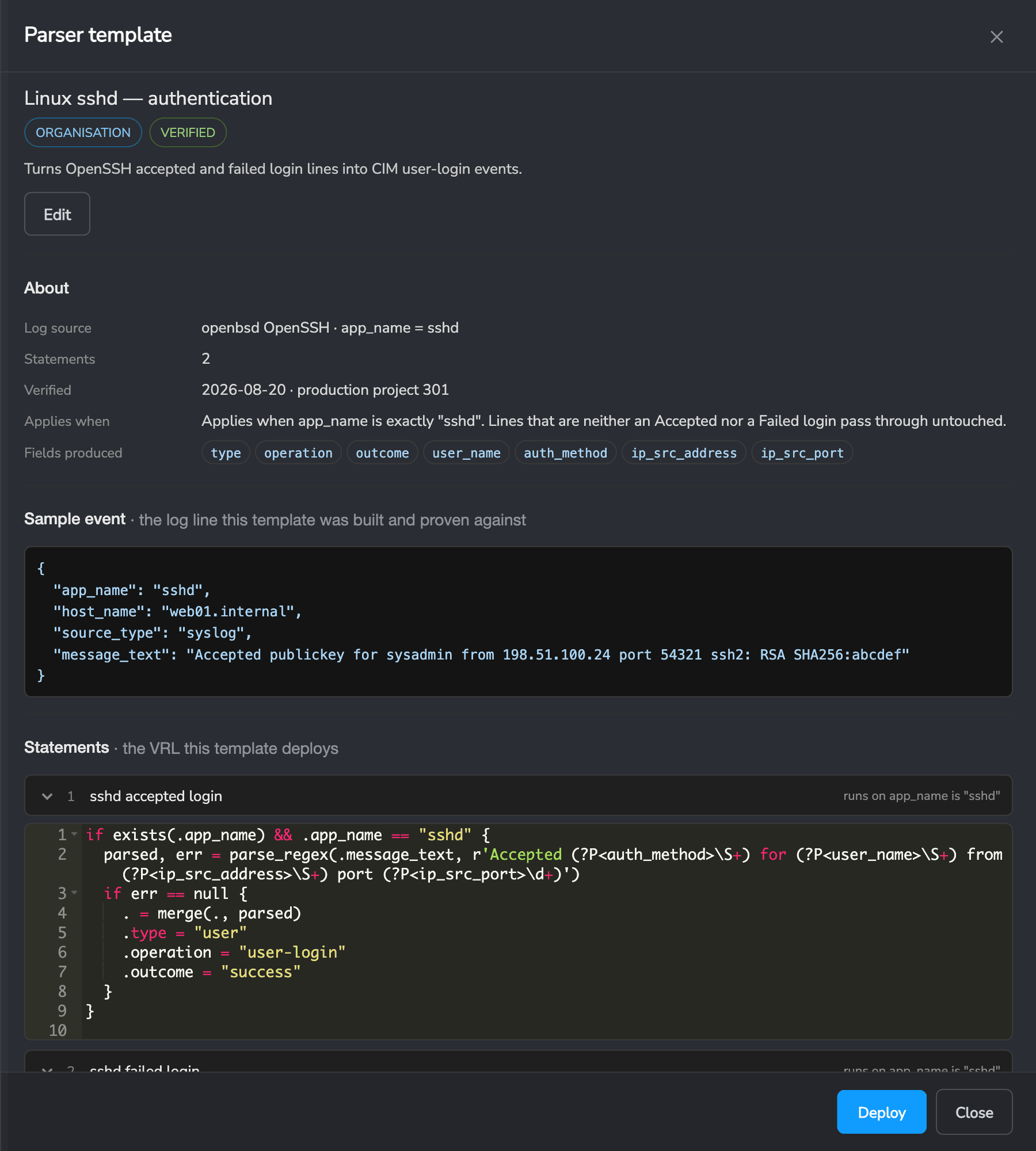 Parser template detail showing the log source, fields produced, sample event and parser code