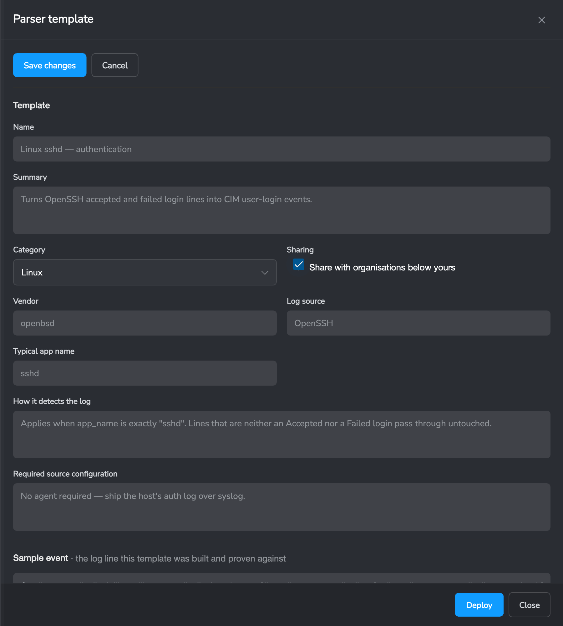 Editing a parser template's documentation, sharing and log source