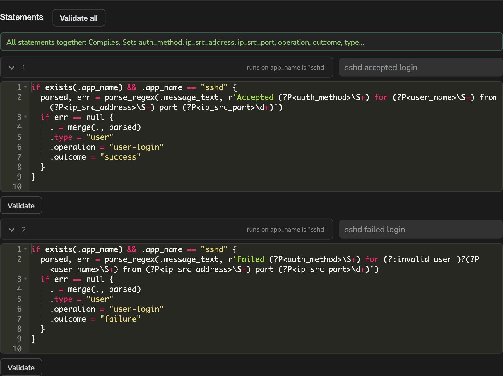 Validating parser statements, showing the combined result for all statements