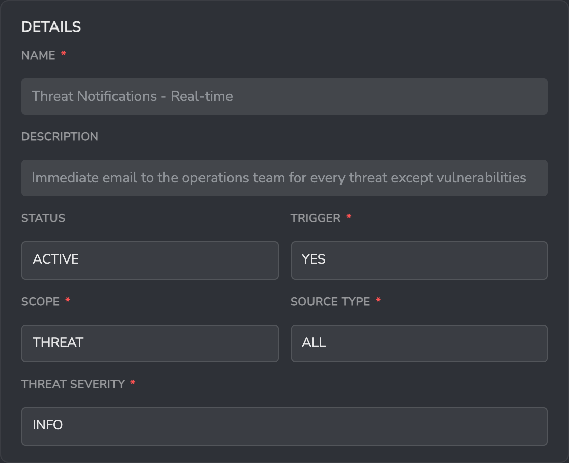Details section of the Response edit panel showing Name, Description, Status, Trigger, Scope, Source Type and Threat Severity