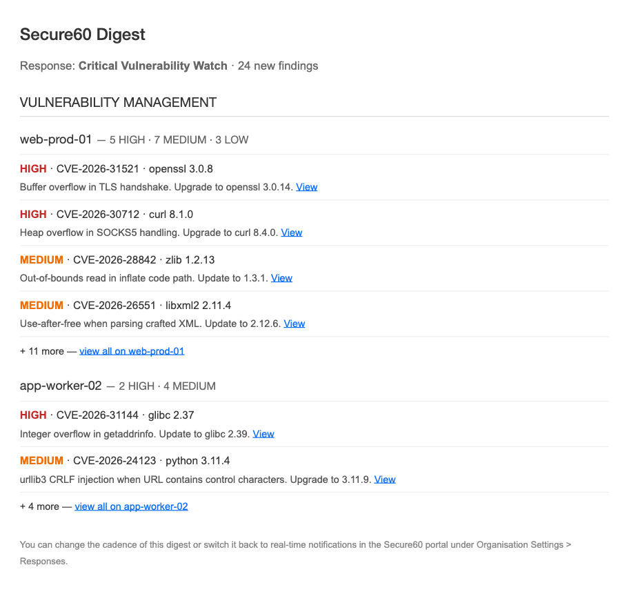 Example digest email showing findings grouped by source, host, severity and CVE with one row per threat