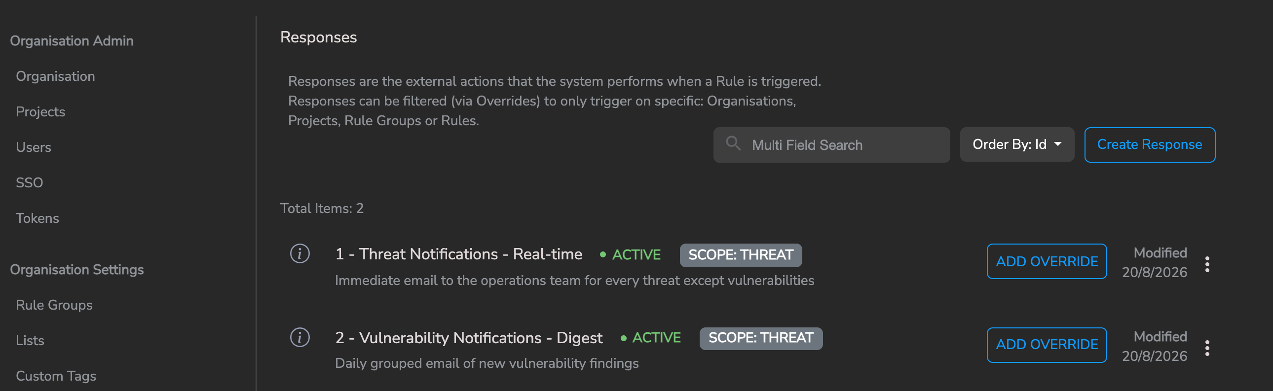 Organisation Settings Responses list showing two responses: a real-time threat notification and a daily vulnerability digest