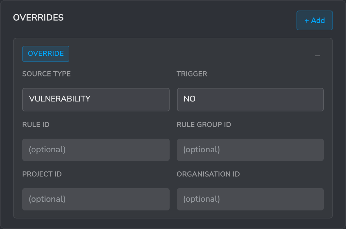 Overrides section of the Response edit panel with Source Type set to VULNERABILITY and Trigger set to NO