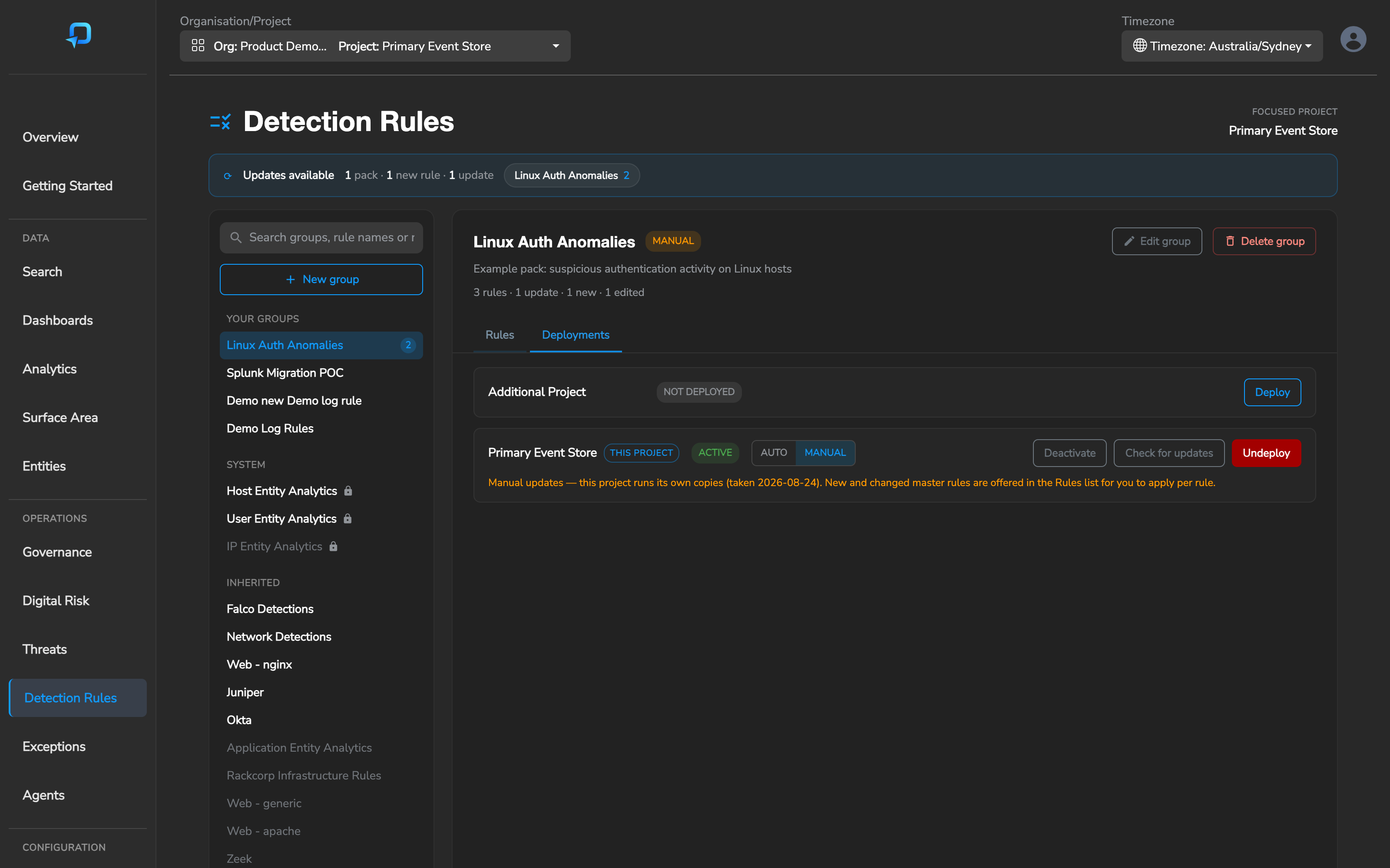 The Deployments tab showing per-project state and the AUTO / MANUAL toggle