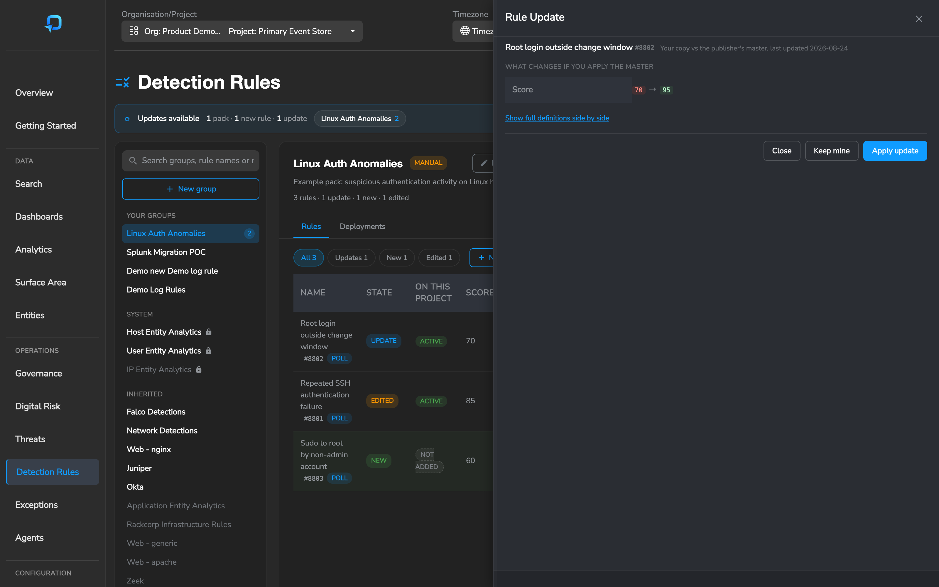 The diff panel showing field-level changes between your copy and the published rule