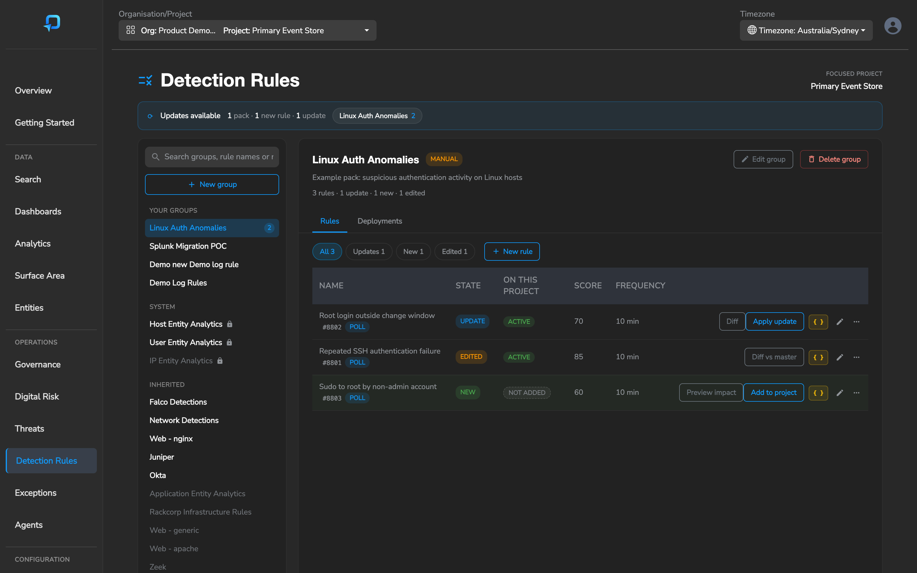 The Detection Rules page: rule group library on the left, the selected pack's rules on the right