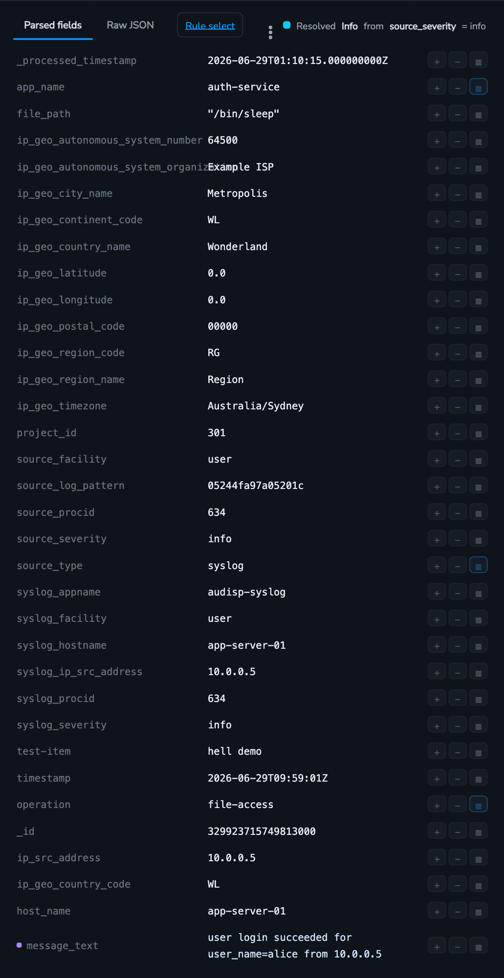 An expanded event showing the Parsed fields and Raw JSON tabs, the resolved severity, and per-field action icons to filter for, filter out and add as column; the Rule select control and the row actions menu are shown at the top of the detail panel