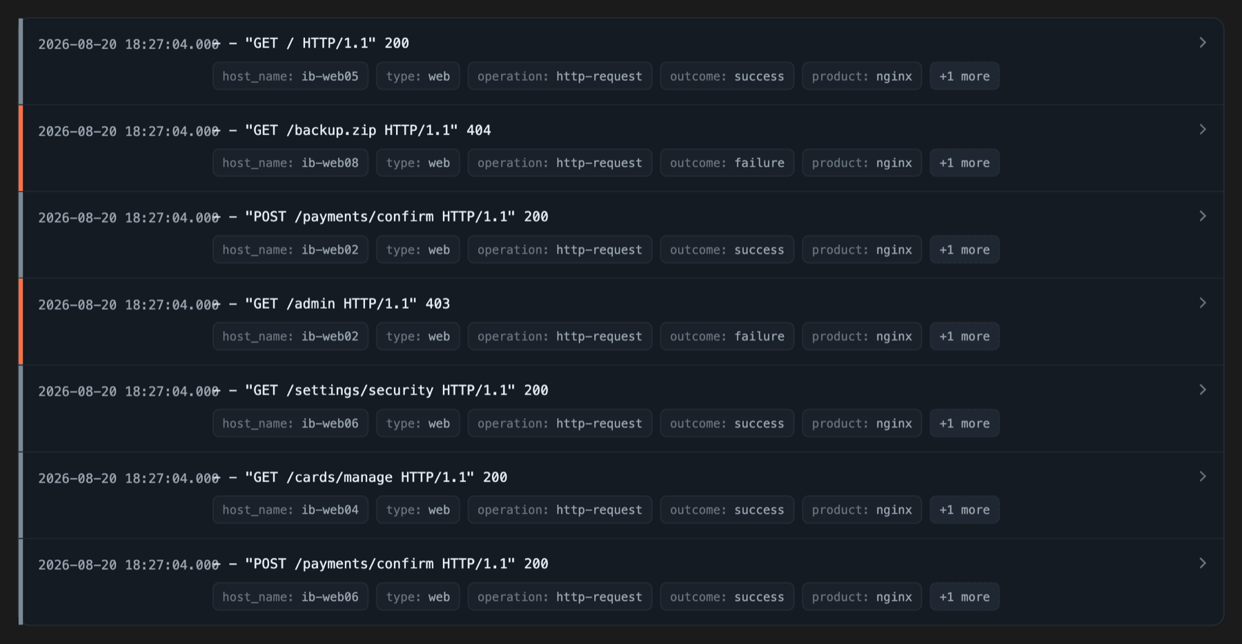 Secure60 Search showing normalised Nginx events with host_name, type, operation, outcome and product