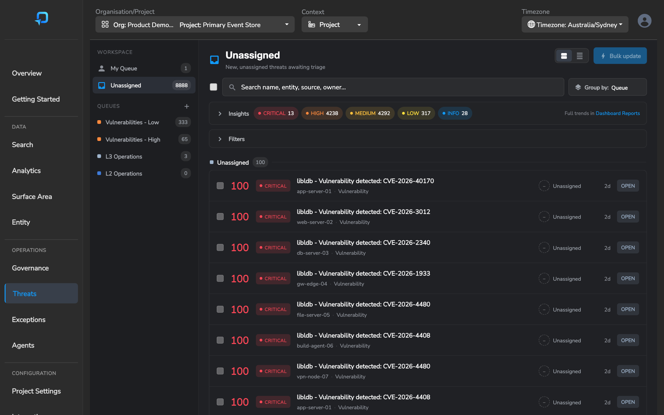 Threats Overview queue-first workspace: a left rail of queues (My Queue, Unassigned, and coloured Threat Group queues with live counts), a header with search and Group by, collapsible Insights severity chips and a Threat Timeline, and a prioritised worklist of threats showing score, severity, name, entity, source, owner, age and state
