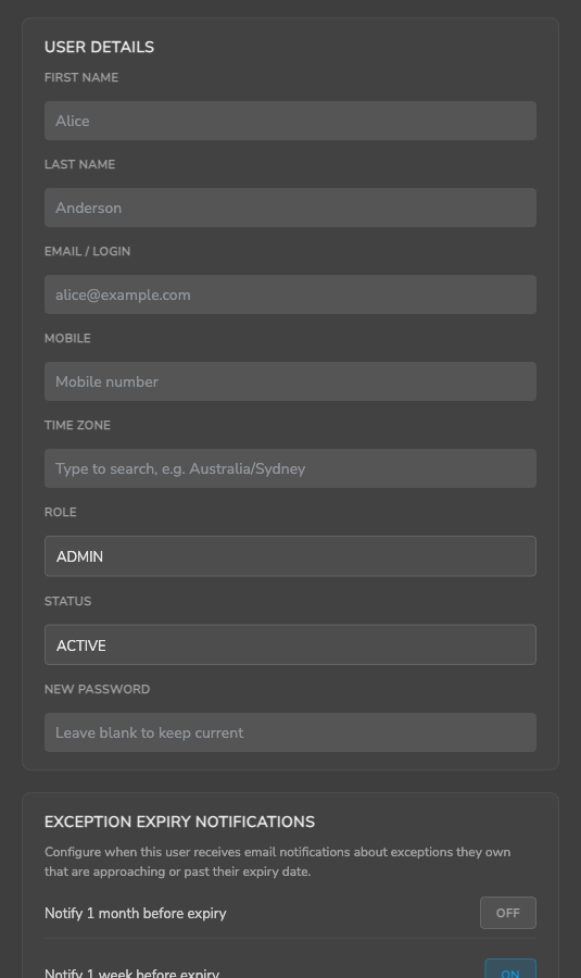 Edit User side panel showing all user detail fields and notification preference sections