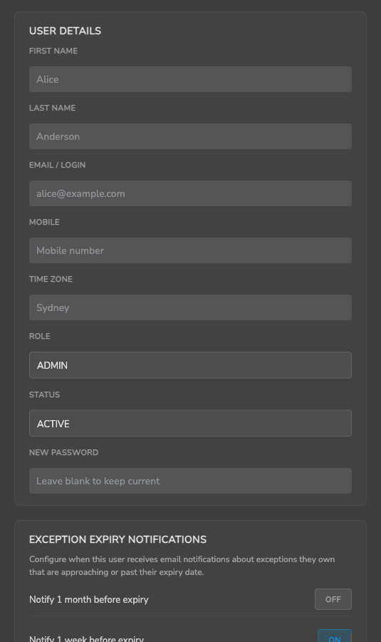 Time Zone field on the user edit panel showing the searchable timezone dropdown