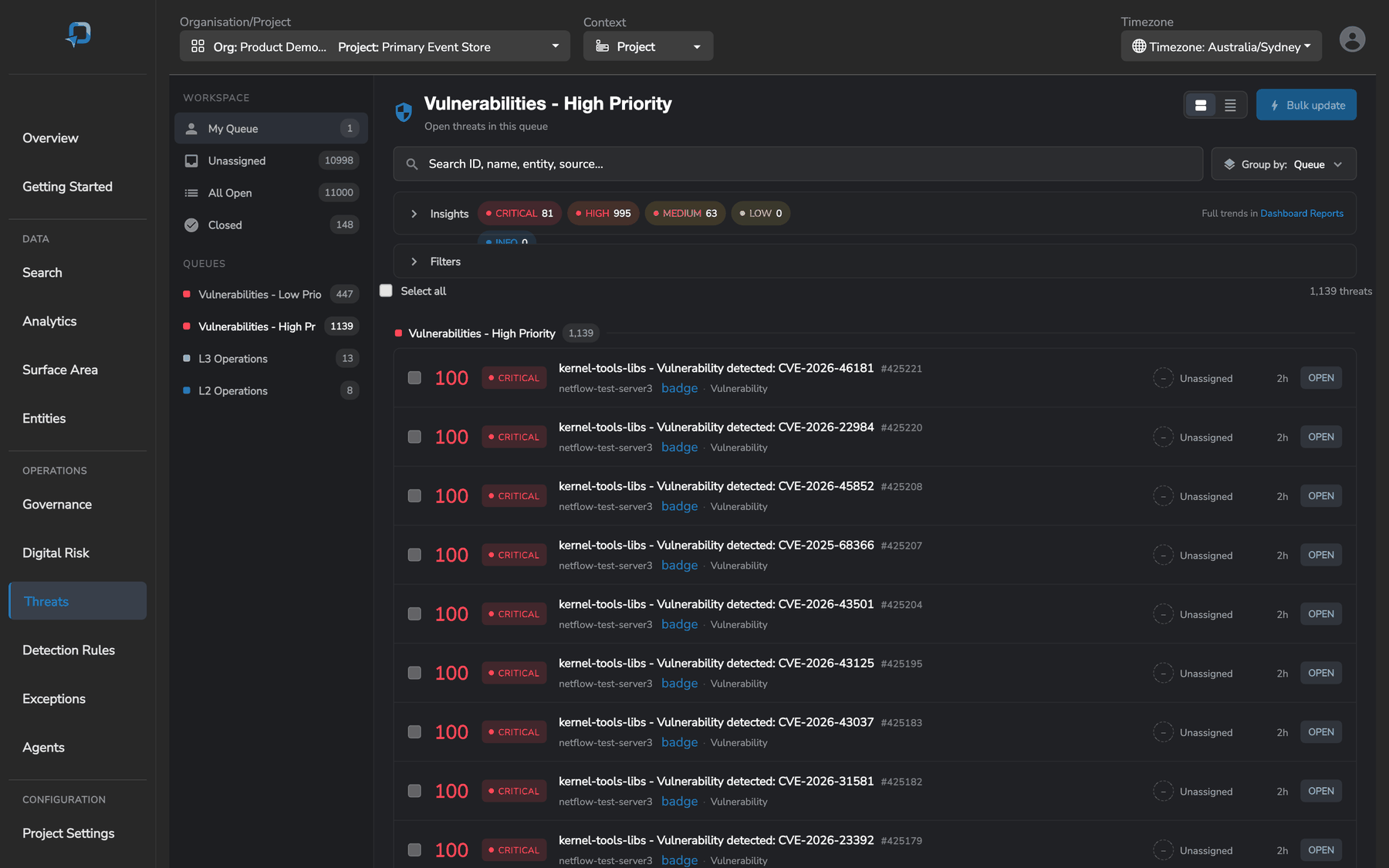Threats Overview showing vulnerability threats